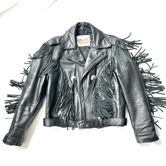 Excelled Vintage Women Size 42 Black Leather Fringe Concho...